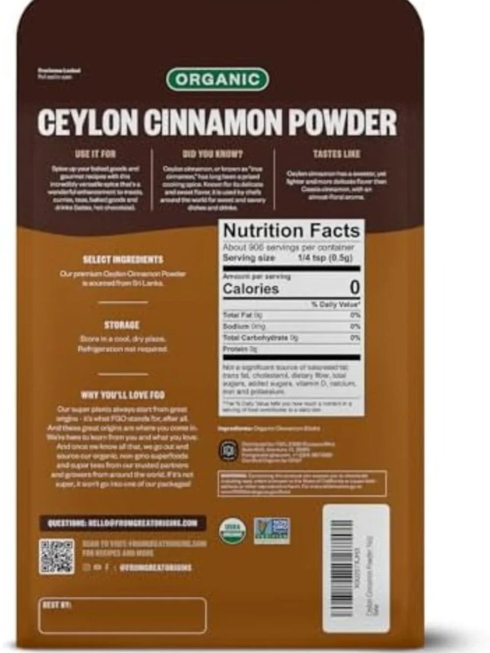 Organic Ceylon Cinnamon Powder 16oz - Pure Spice for Baking, Cooking & Drinks